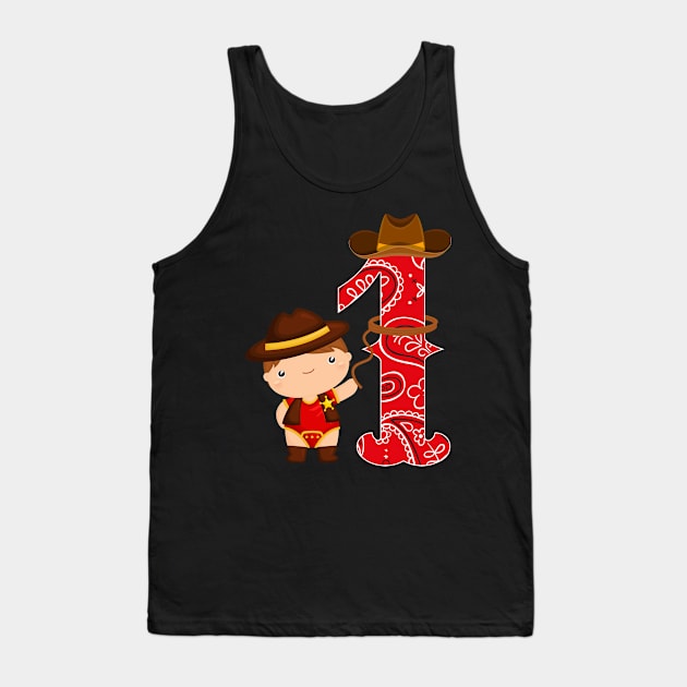 Kids 1st Birthday One Year Old Baby Cowboy Party Western Rodeo Tank Top by HollyDuck